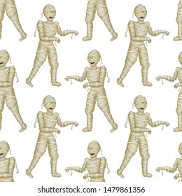 seamless pattern Egyptian mummy Boy in Halloween mummy costume laughing scarring.