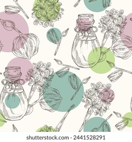 Seamless pattern with eichhornia crassipes: water hyacinth plant, leaves and eichhornia crassipes flowers and bottle of water hyacinth essential oil. Water hyacinth. Cosmetic, perfumery