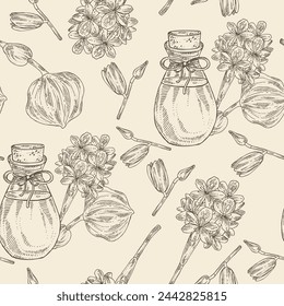 Patrón sin fisuras con eichhornia crassipes: planta de jacinto de agua, hojas y flores de eichhornia crassipes y botella de aceite esencial de jacinto de agua. Jacinto acuático. Cosmética, perfumería