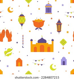 Seamless pattern with Eid Al Fitr holiday elements. Eid Mubarak symbols vector illustration background.