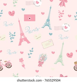 Seamless pattern with Eiffel tower and all symbol of Paris, France. Soft sweet pink color background. Hand drawn vector illustration. 