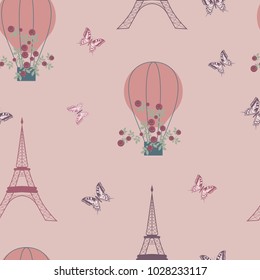 Seamless pattern with Eiffel tower and balloon on a pink background. For decorating textiles, packaging and wallpaper. Vector illustration.