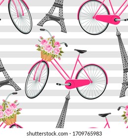 Seamless pattern with Eiffel Tower, bicycle, basket full of flowers.
