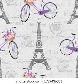 Seamless pattern with Eiffel Tower, bicycle, basket full of flowers.