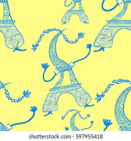 Seamless pattern The Eiffel Tower in cartoon style on yellow.  vector illustration