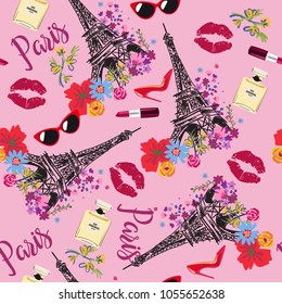 seamless pattern with Eiffel Tower flowers, kiss, lipstick, glasses, shoes, perfume. Pattern for textiles, fabrics, clothes, pastel clothes, backpack, wrapping paper,