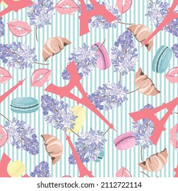 Seamless pattern with Eiffel Tower and French pastry. Vintage pastel floral pattern with Eiffel Tower. For textile, paper, wrapping paper, cards, packaging. 