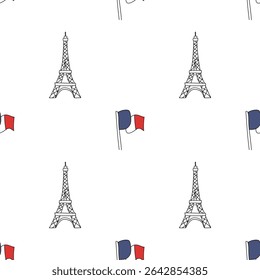 Seamless pattern with Eiffel Tower and French flags. Simple and charming Paris-themed design, perfect for fabric, wrapping paper, or travel decor.