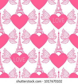 Seamless pattern. Eiffel Tower hand drawing. Modern Bright design for kids girls. Abstract hearts with wings. Vector illustration is isolated on a white background.