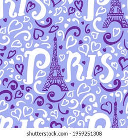 Seamless pattern. Eiffel Tower hand drawing. Modern Bright surface design for kids. White, purple abstract hearts and curl sketch Vector illustration is isolated on a blue background. Paris lettering.