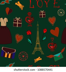 A seamless pattern with the eiffel tower, hearts, roses, dresses, ladies' bags, perfume bottles, letters.