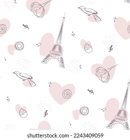 seamless pattern with eiffel tower, hearts and birds