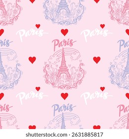 Seamless pattern with eiffel tower, hearts, and floral elements