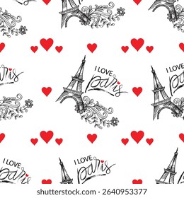 Seamless pattern with Eiffel Tower and hearts. 
I Love Paris. Vector illustration