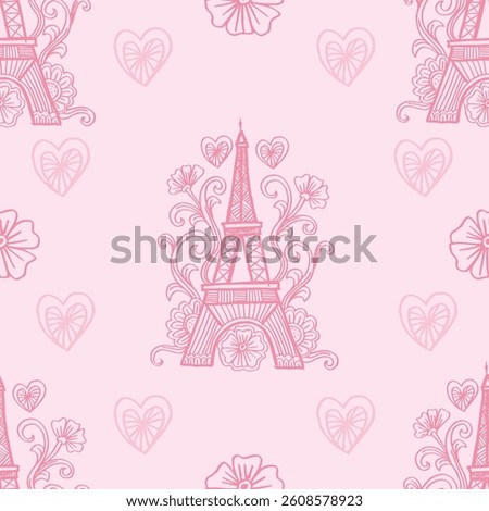Seamless pattern with Eiffel tower and hearts on pink background