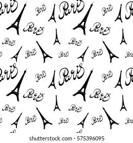 Seamless pattern Eiffel Tower with hearts.Hand drawing . Seamless pattern can be used for wallpaper, pattern fills, web page backgrounds, surface textures.