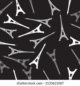 Seamless pattern with the Eiffel Tower in isolate on a black background. Vector illustration.