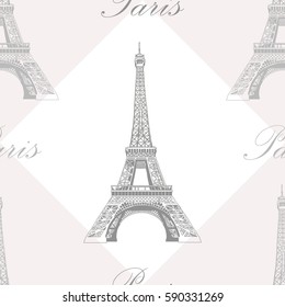 Seamless pattern with Eiffel tower on grey and white geometric background