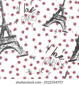 Patrón sin fisuras Torre Eiffel, París y flores de primavera en un estilo de acuarela. Viaje a Francia. Patrón floral romántico de magnolias. Ideal para textiles, industriales, chatarra, papel de embalaje.
