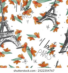 Seamless pattern eiffel tower, paris and spring flowers in a watercolor style. Travel to France. Romantic floral pattern of magnolias. Ideal for textile, industrial, scrap, packaging paper.
