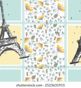 Patrón sin fisuras Torre Eiffel, París y flores de primavera en un estilo de acuarela. Viaje a Francia. Patrón floral romántico de magnolias. Ideal para textiles, industriales, chatarra, papel de embalaje.
