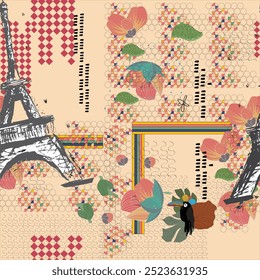 Seamless pattern eiffel tower, paris and spring flowers in a watercolor style. Travel to France. Romantic floral pattern of magnolias. Ideal for textile, industrial, scrap, packaging paper.
