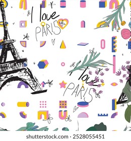 Seamless pattern eiffel tower, paris and spring flowers in a watercolor style. Travel to France. Romantic floral pattern of magnolias. Ideal for textile, industrial, scrap, packaging paper.

