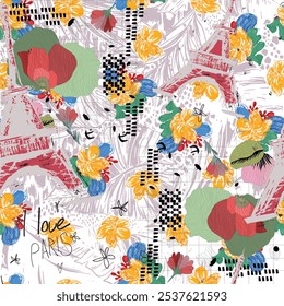 Seamless pattern eiffel tower, paris and spring flowers in a watercolor style. Travel to France. Romantic floral pattern of magnolias. Ideal for textile, industrial, scrap, packaging paper.
