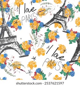 Padrão contínuo torre eiffel, paris e flores de primavera em um estilo aquarela. Viaje para a França. Padrão floral romântico de magnólias. Ideal para papel têxtil, industrial, de sucata, de embalagem.
