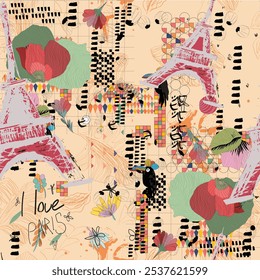 Seamless pattern eiffel tower, paris and spring flowers in a watercolor style. Travel to France. Romantic floral pattern of magnolias. Ideal for textile, industrial, scrap, packaging paper.

