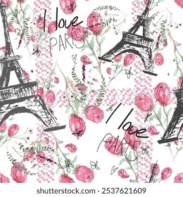 Seamless pattern eiffel tower, paris and spring flowers in a watercolor style. Travel to France. Romantic floral pattern of magnolias. Ideal for textile, industrial, scrap, packaging paper.
