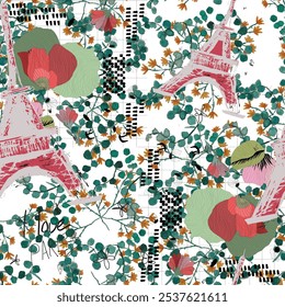 Seamless pattern eiffel tower, paris and spring flowers in a watercolor style. Travel to France. Romantic floral pattern of magnolias. Ideal for textile, industrial, scrap, packaging paper.
