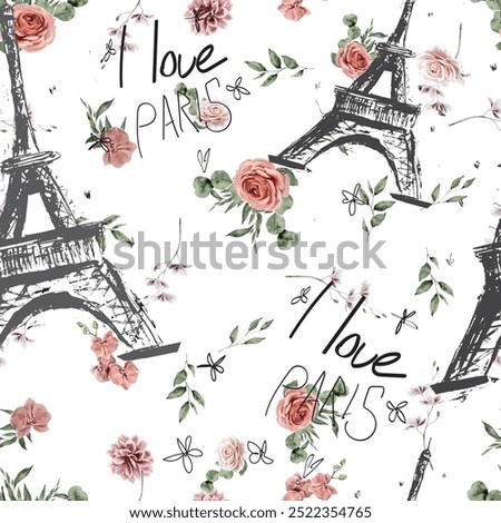 Seamless pattern eiffel tower, paris and spring flowers in a watercolor style. Travel to France. Romantic floral pattern of magnolias. Ideal for textile, industrial, scrap, packaging paper.
