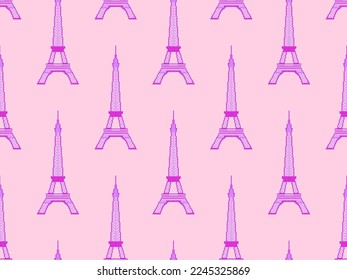 Seamless pattern with Eiffel tower in pixel art style. Set of 8-bit Eiffel Towers in retro video game style. Design for wallpaper, wrapping paper and promotional materials. Vector illustration