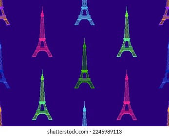 Seamless pattern with Eiffel tower in pixel art style. Set of 8-bit Eiffel Towers in retro video game style. Design for wallpaper, wrapping paper and promotional materials. Vector illustration