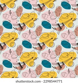 seamless pattern with eiffel tower, sweets and music notes