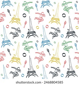 Seamless pattern with Eiffel tower, torch with flame, circles or rings and athlete sportsperson. Endless wallpaper or background for sport championship, competition in Paris