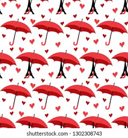 seamless pattern with eiffel tower with umbrella and hearts. vector