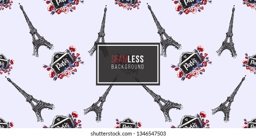 Seamless pattern with Eiffel tower and vintage signboard with rose flowers. French symbols hand drawn illustrations. Watercolor style vector background.