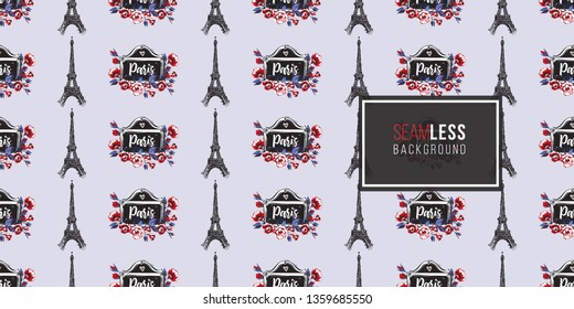 Seamless pattern with Eiffel tower and vintage signboard with rose flowers. French symbols hand drawn illustrations. Watercolor style vector background.