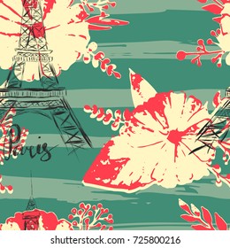 Seamless pattern with Eiffel Tower and watercolor flowers on stripes in grungy style
