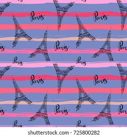 Seamless pattern with Eiffel Tower and words Paris on stripes in grungy style