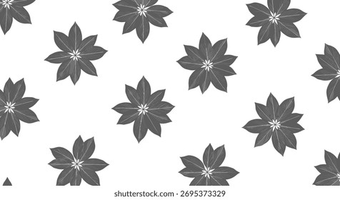 Seamless pattern of eight-leaf botanical elements in dark gray on a white background, creating an abstract floral motif.