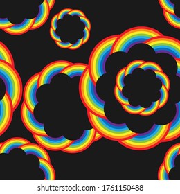 Seamless pattern with eight-petal rainbow flowers on a black background. Vector illustration