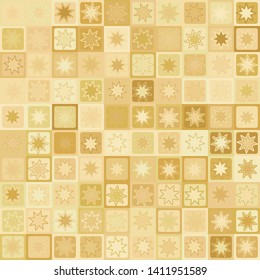 Seamless pattern. Eight-pointed stars - flowers on a checkered background. Yellow shades of old paper. Desert camouflage.