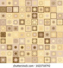 Seamless pattern. Eight-pointed stars - flowers on a checkered background. Yellow shades of old paper. Desert camouflage.