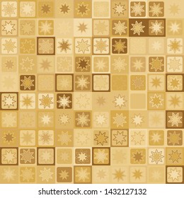 Seamless pattern. Eight-pointed stars - flowers on a checkered background. Yellow shades of old paper. Desert camouflage.
