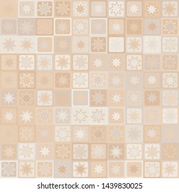 Seamless pattern. Eight-pointed stars - flowers on a checkered background. Yellow shades of old paper. Desert camouflage.