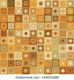 Seamless pattern. Eight-pointed stars - flowers on a checkered background. Yellow shades of old paper. Desert camouflage.