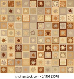 Seamless pattern. Eight-pointed stars - flowers on a checkered background. Yellow shades of old paper. Desert camouflage.